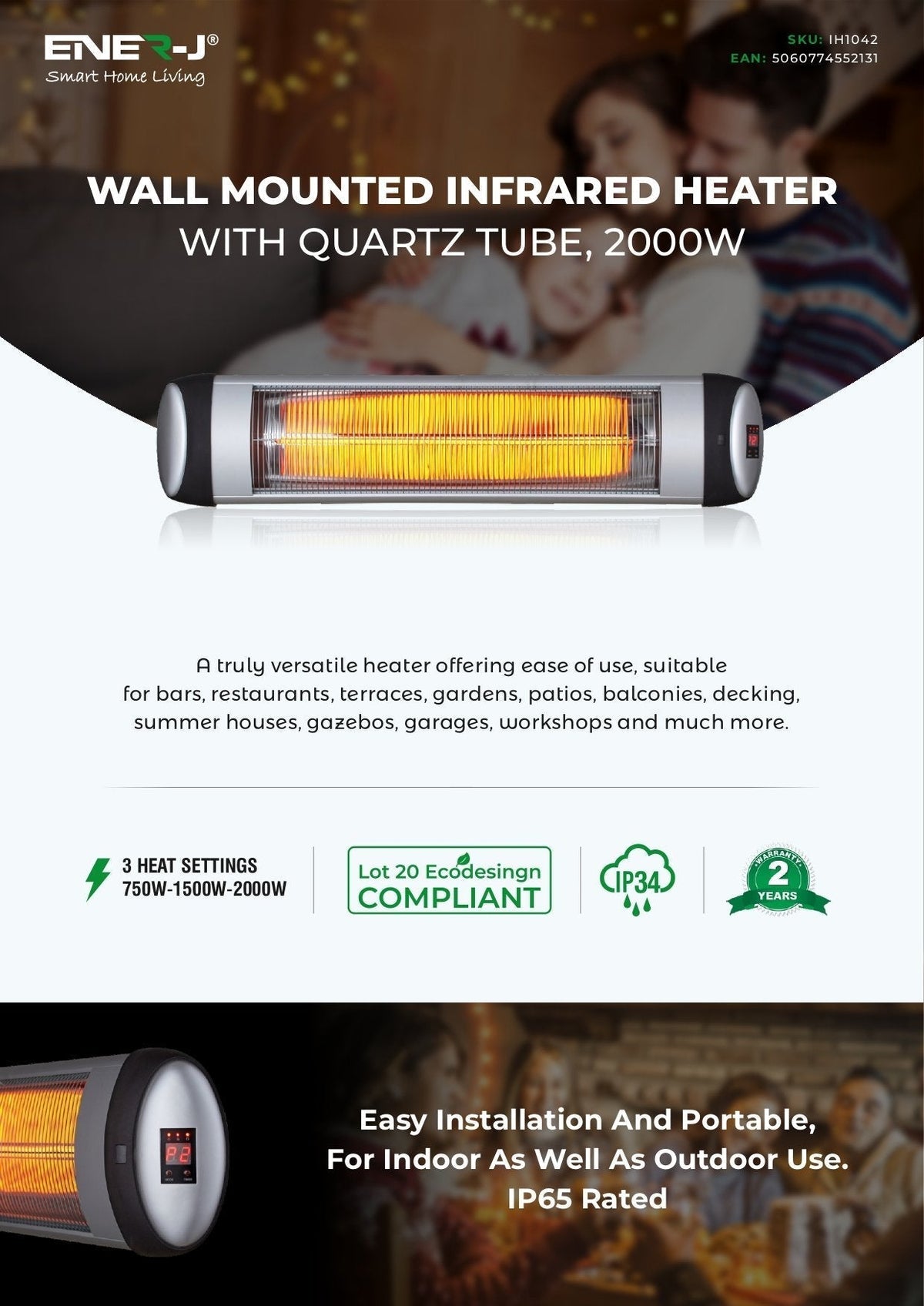 Ener-J 2000W Wall-Mounted Infrared Patio Heater, Quartz Tube, 3 Heat Settings, Remote Control & LED Display
