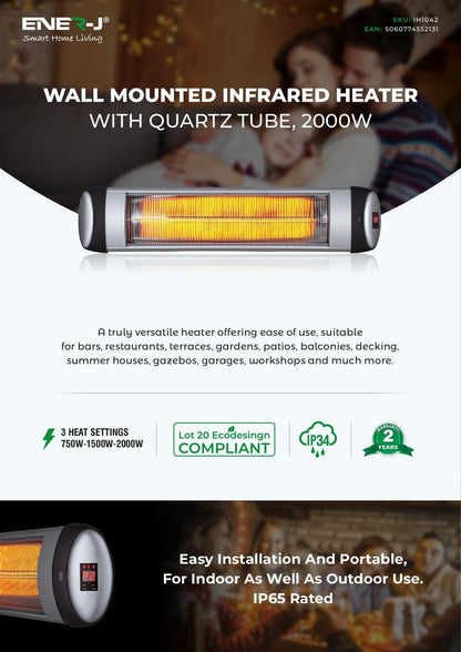 Ener-J 2000W Wall-Mounted Infrared Patio Heater, Quartz Tube, 3 Heat Settings, Remote Control & LED Display