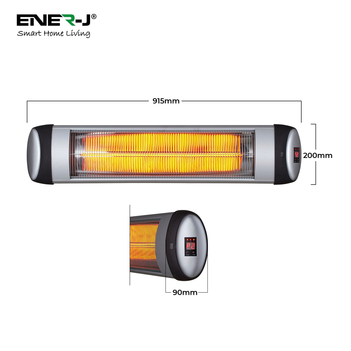 Ener-J 2000W Wall-Mounted Infrared Patio Heater, Quartz Tube, 3 Heat Settings, Remote Control & LED Display