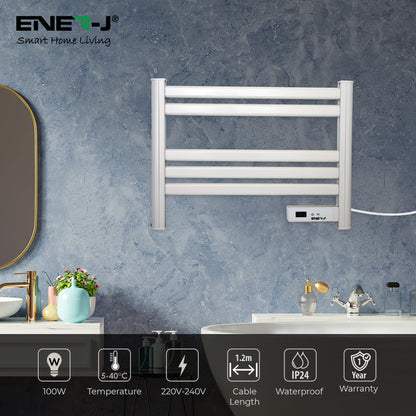 Ener-J 100W Infrared Heated Towel Rail, Wall Mounted 5-Bar Electric Bathroom Radiator, LED Timer, IP24 White