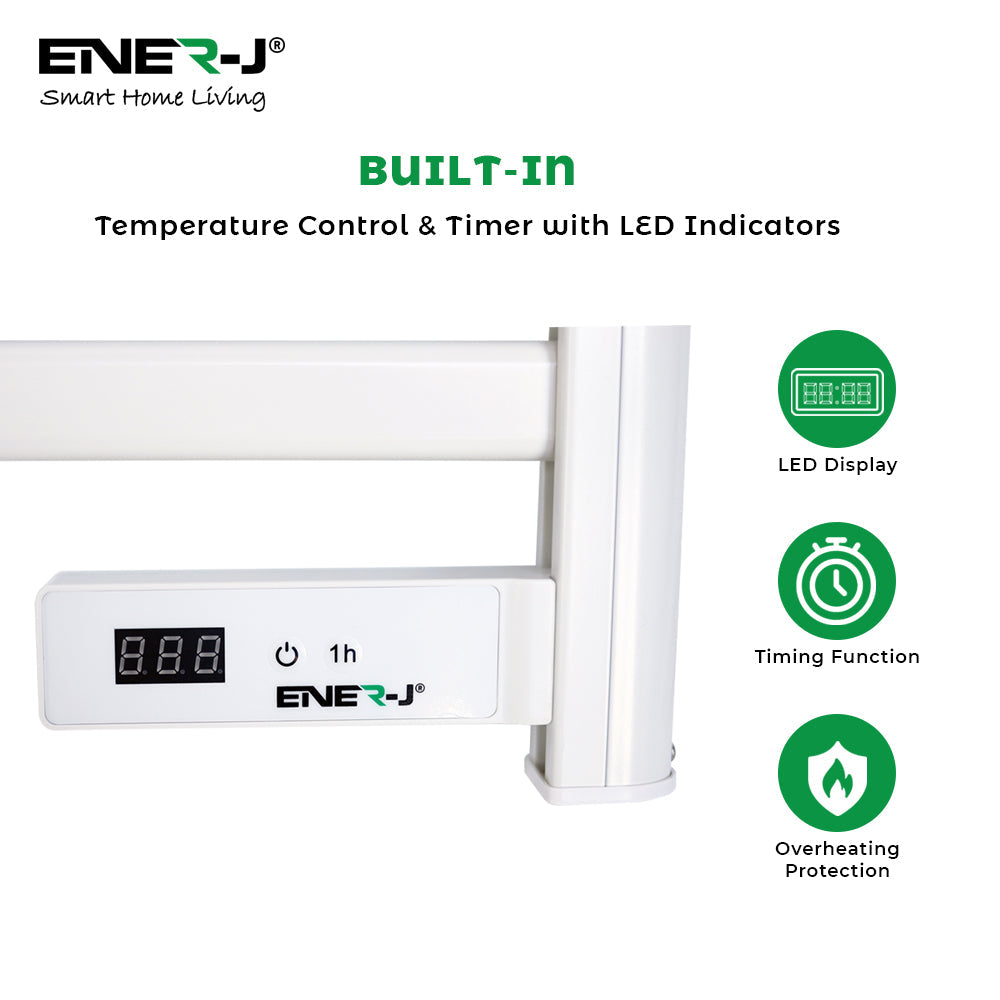 Ener-J 100W Infrared Heated Towel Rail, Wall Mounted 5-Bar Electric Bathroom Radiator, LED Timer, IP24 White