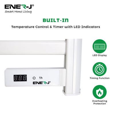 Ener-J 100W Infrared Heated Towel Rail, Wall Mounted 5-Bar Electric Bathroom Radiator, LED Timer, IP24 White