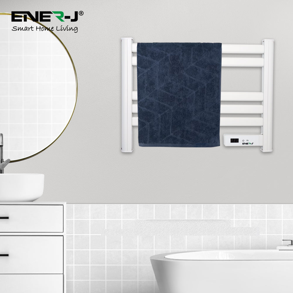 Ener-J 100W Infrared Heated Towel Rail, Wall Mounted 5-Bar Electric Bathroom Radiator, LED Timer, IP24 White