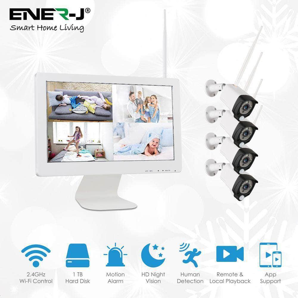 ENER-J 8CH Wireless CCTV Kit with 15.6" Full HD IPS Monitor, 1TB HDD, 1080P Outdoor Cameras with Audio & PIR Motion Detection, Plug & Play Home Security System