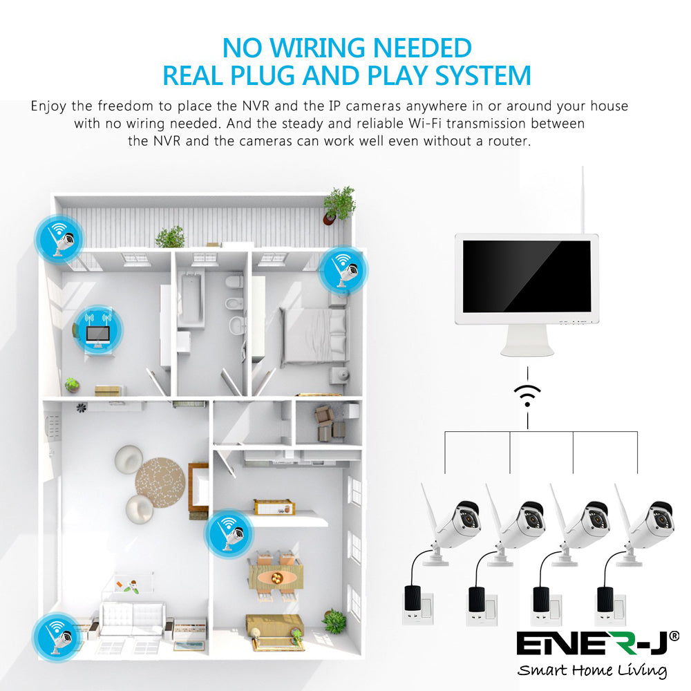 ENER-J 8CH Wireless CCTV Kit with 15.6" Full HD IPS Monitor, 1TB HDD, 1080P Outdoor Cameras with Audio & PIR Motion Detection, Plug & Play Home Security System
