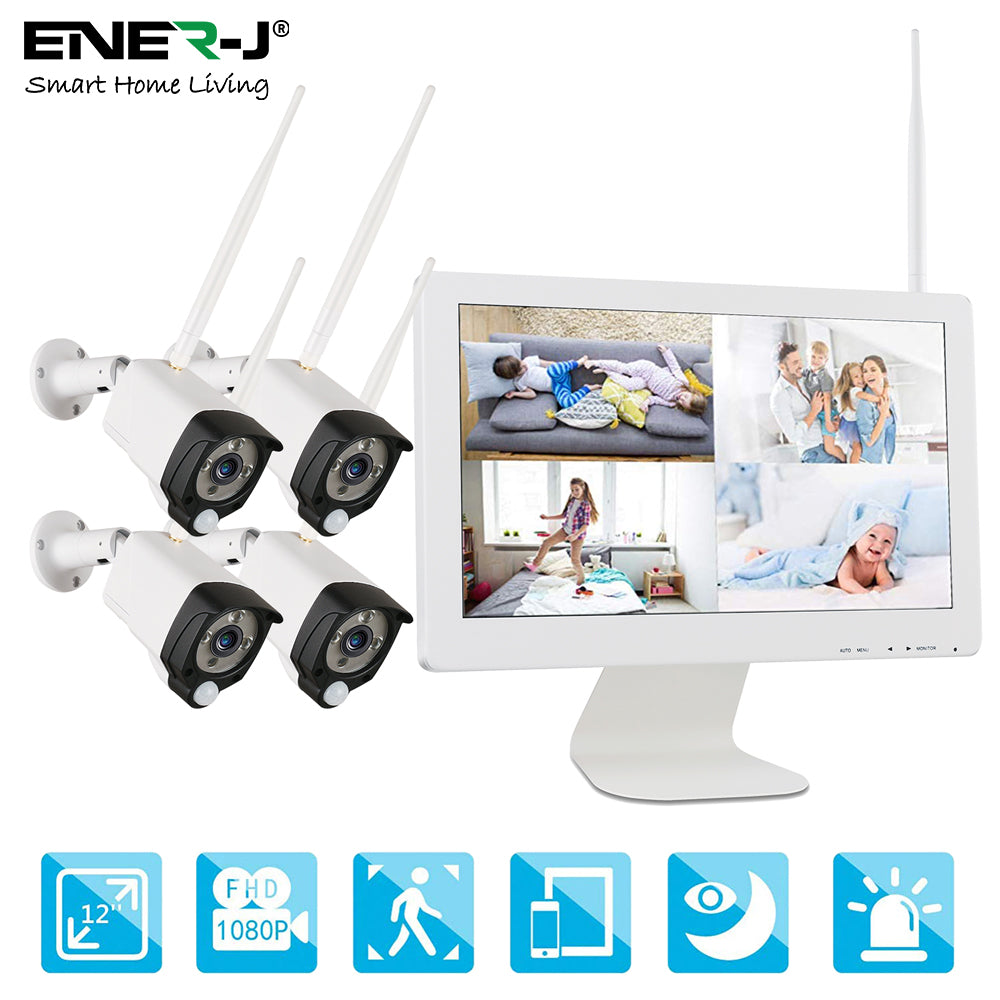ENER-J 8CH Wireless CCTV Kit with 15.6" Full HD IPS Monitor, 1TB HDD, 1080P Outdoor Cameras with Audio & PIR Motion Detection, Plug & Play Home Security System