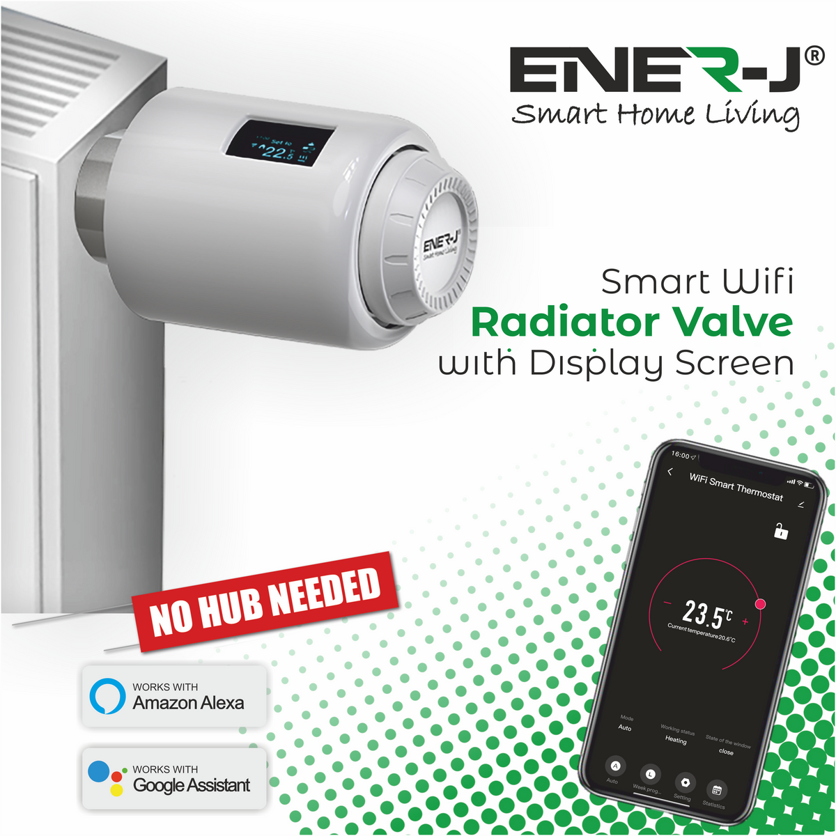 Ener-J Smart WiFi Radiator Thermostat – Digital TRV for Multi-Room Heating Control, Alexa & Google Home Compatible | Single pack