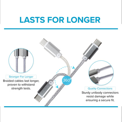 Maplin USB-C to USB-A Braided Cable - Silver, 0.25m