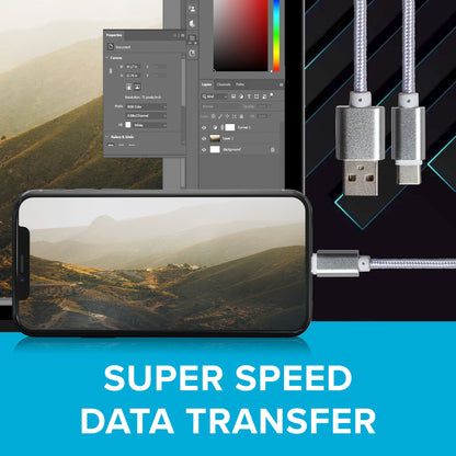 Maplin USB-C to USB-A Braided Cable - Silver, 0.25m