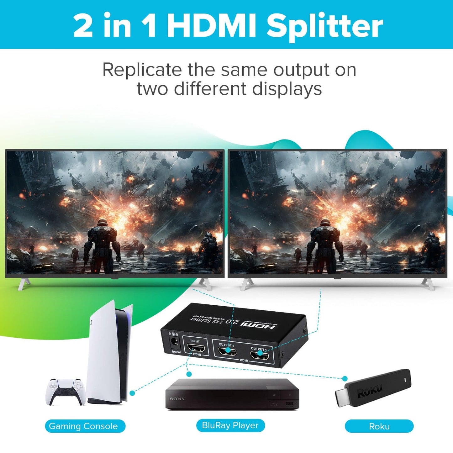 Maplin HDMI Splitter 1 Port In 2 Ports Out 4K Ultra HD @60Hz 18Gbps