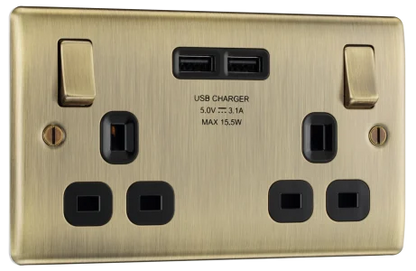 Double Socket USB Antique Brass BG Black Inserts 13A NAB22U3B