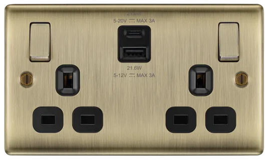 BG Antique Brass USB A+C Double Socket NAB22UAC22B