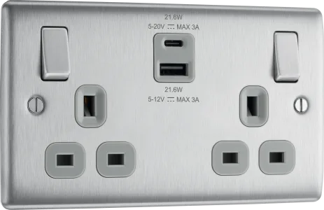 Double Socket 22watt USB C + USB A Brushed Chrome Stainless Steel BG Grey Inserts 13A NBS22UAC22G