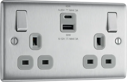 Double Socket +45WATT USB C + USB A  Brushed Chrome Stainless Steel BG Grey Inserts 13A NBS22UAC45G