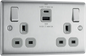 Double Socket +45WATT USB C + USB A  Brushed Chrome Stainless Steel BG Grey Inserts 13A NBS22UAC45G