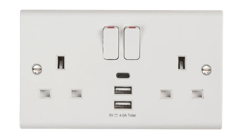 Deta Slimline 13A 2 Gang Switched Socket with 3 USB Ports (1 x Type C + 2 x Type A, 4.0A) S1288