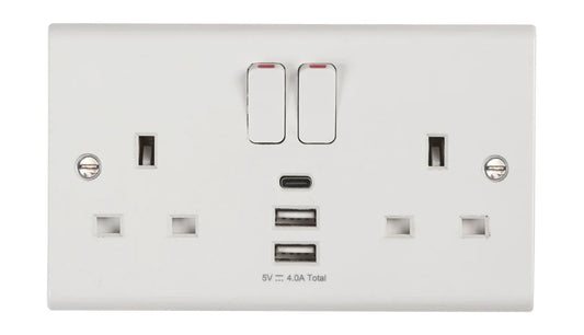 Deta Slimline 13A 2 Gang Switched Socket with 3 USB Ports (1 x Type C + 2 x Type A, 4.0A) S1288