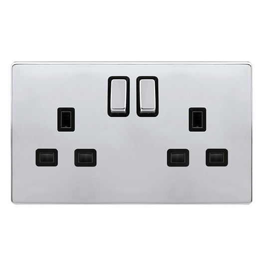 Click SFCH536BK Definity Complete Polished Chrome Screwless 2 Gang 13A 2 Pole Switched Double Socket - Black Insert