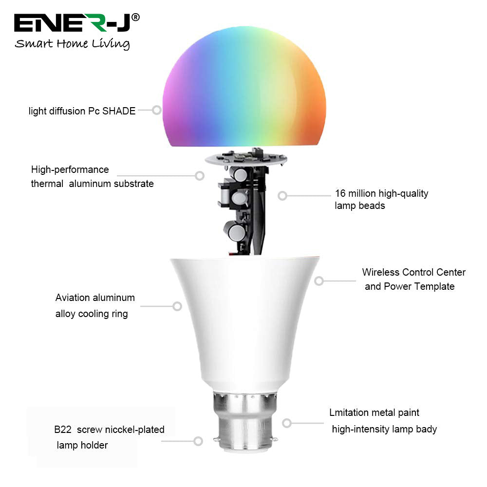 9W Smart Colour Changing Light Bulb, B22 RGB CCT Colour Changing Bulbs, Bluetooth APP Control LED Bulbs Bayonet, Dimmable RGB and White Light, Mood Light for Room Decor & Party | Single pack