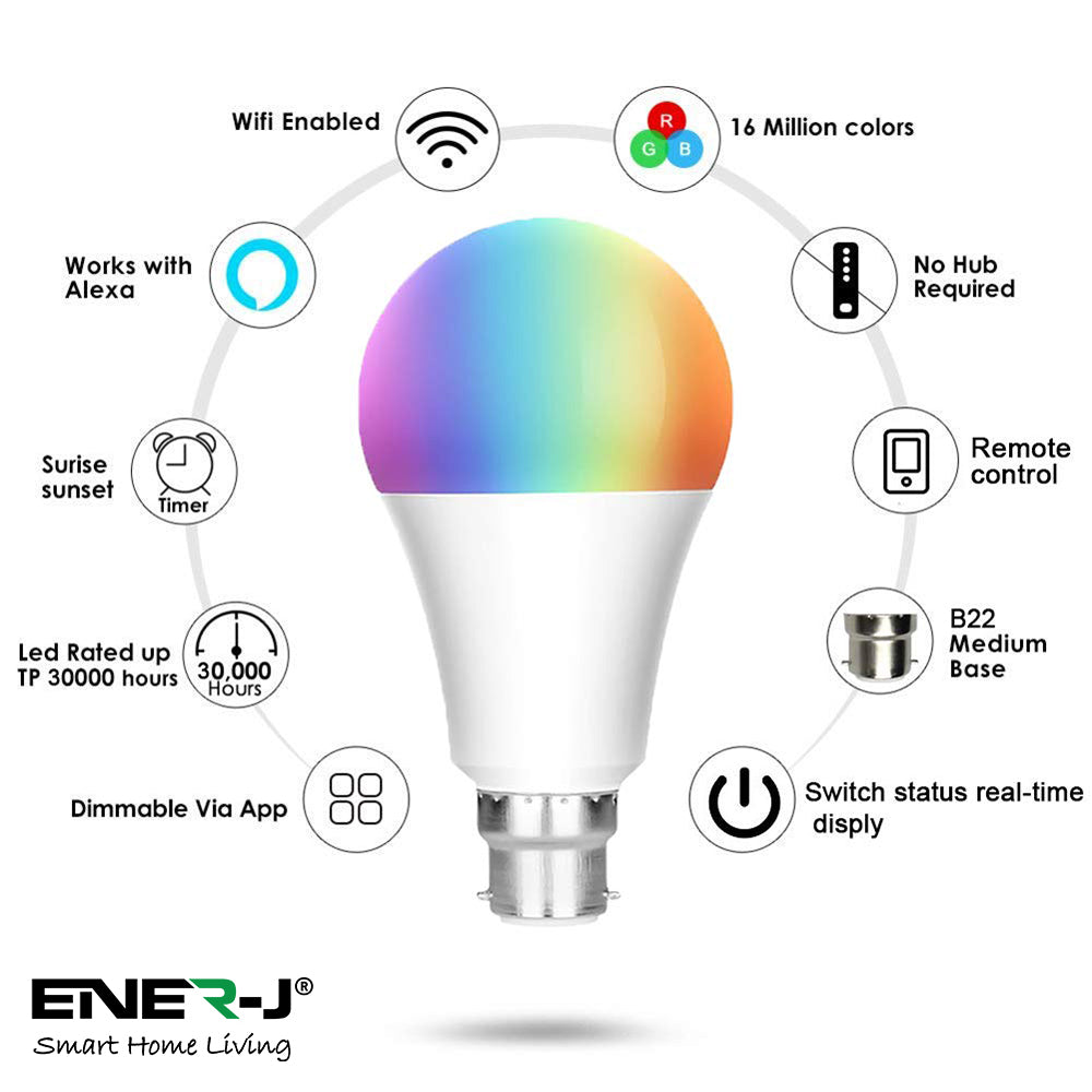 9W Smart Colour Changing Light Bulb, B22 RGB CCT Colour Changing Bulbs, Bluetooth APP Control LED Bulbs Bayonet, Dimmable RGB and White Light, Mood Light for Room Decor & Party | Single pack