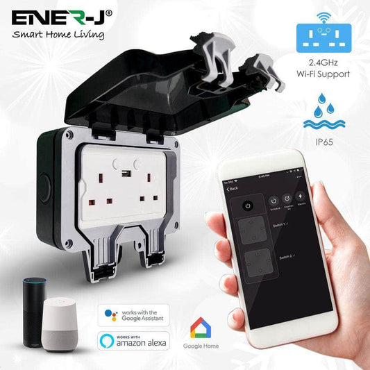 Ener-J Smart 13A WiFi Waterproof Outdoor Double Socket with USB - IP55 Rated