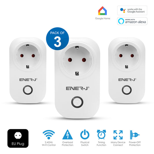 Pack of 3 Wi-Fi Smart Plug EU Outlet with Energy Monitoring, Works with Amazon Alexa, Google Home, Wireless Smart Socket Remote Control Timer Plug Switch, No Hub Required. Max Load 1600W | Pack of 3
