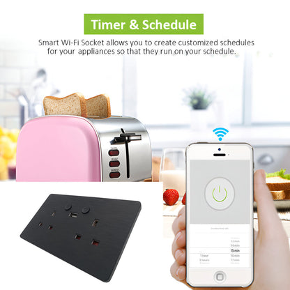 ENER-J Remote Control Wall Socket – Smart WiFi Double 13A Outlet with USB & Type-C, Alexa Compatible, Black Brushed UK Twin Socket