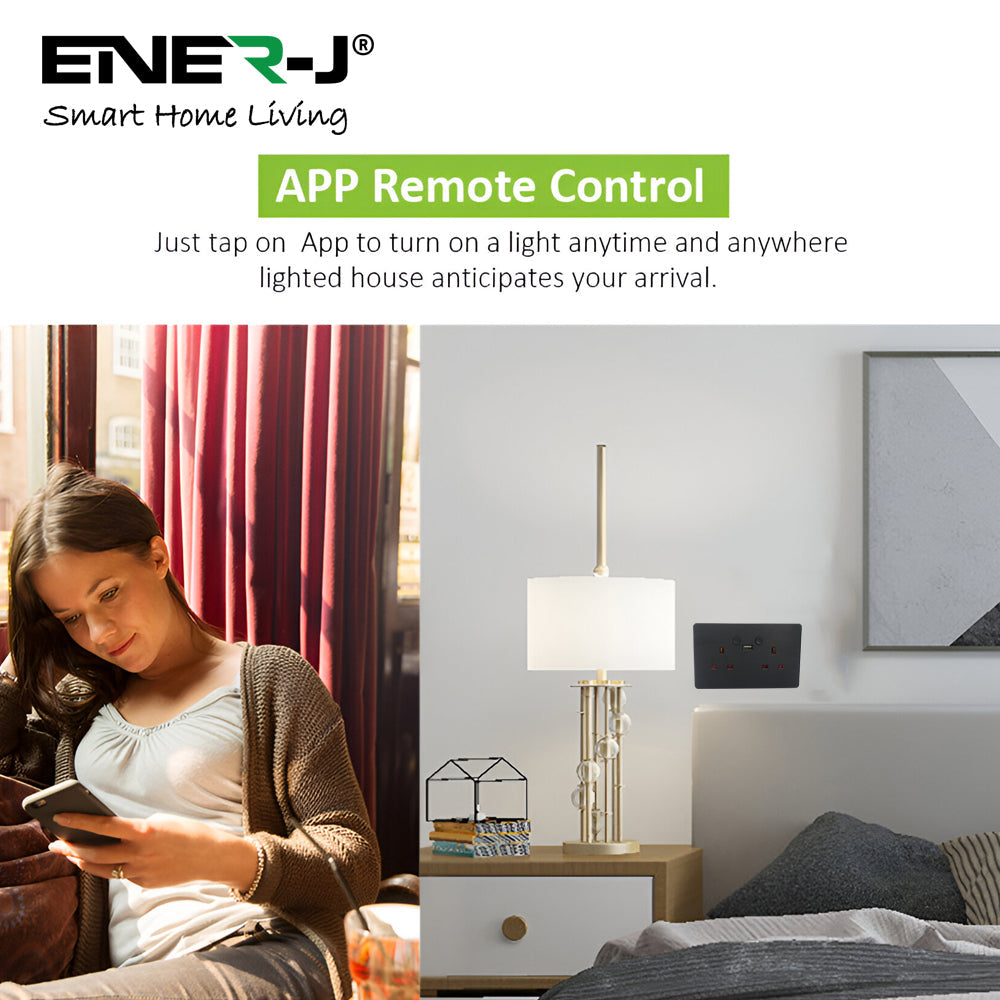 ENER-J Remote Control Wall Socket – Smart WiFi Double 13A Outlet with USB & Type-C, Alexa Compatible, Black Brushed UK Twin Socket