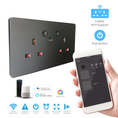 ENER-J Remote Control Wall Socket – Smart WiFi Double 13A Outlet with USB & Type-C, Alexa Compatible, Black Brushed UK Twin Socket