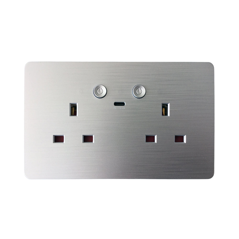 ENER-J Remote Wall Socket – Smart USB Plug with Type-C, WiFi Double 13A Outlet, App & Voice Control, Silver Brushed UK Design