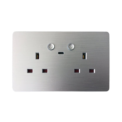 ENER-J Remote Wall Socket – Smart USB Plug with Type-C, WiFi Double 13A Outlet, App & Voice Control, Silver Brushed UK Design