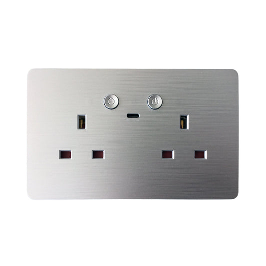 ENER-J Remote Wall Socket – Smart USB Plug with Type-C, WiFi Double 13A Outlet, App & Voice Control, Silver Brushed UK Design