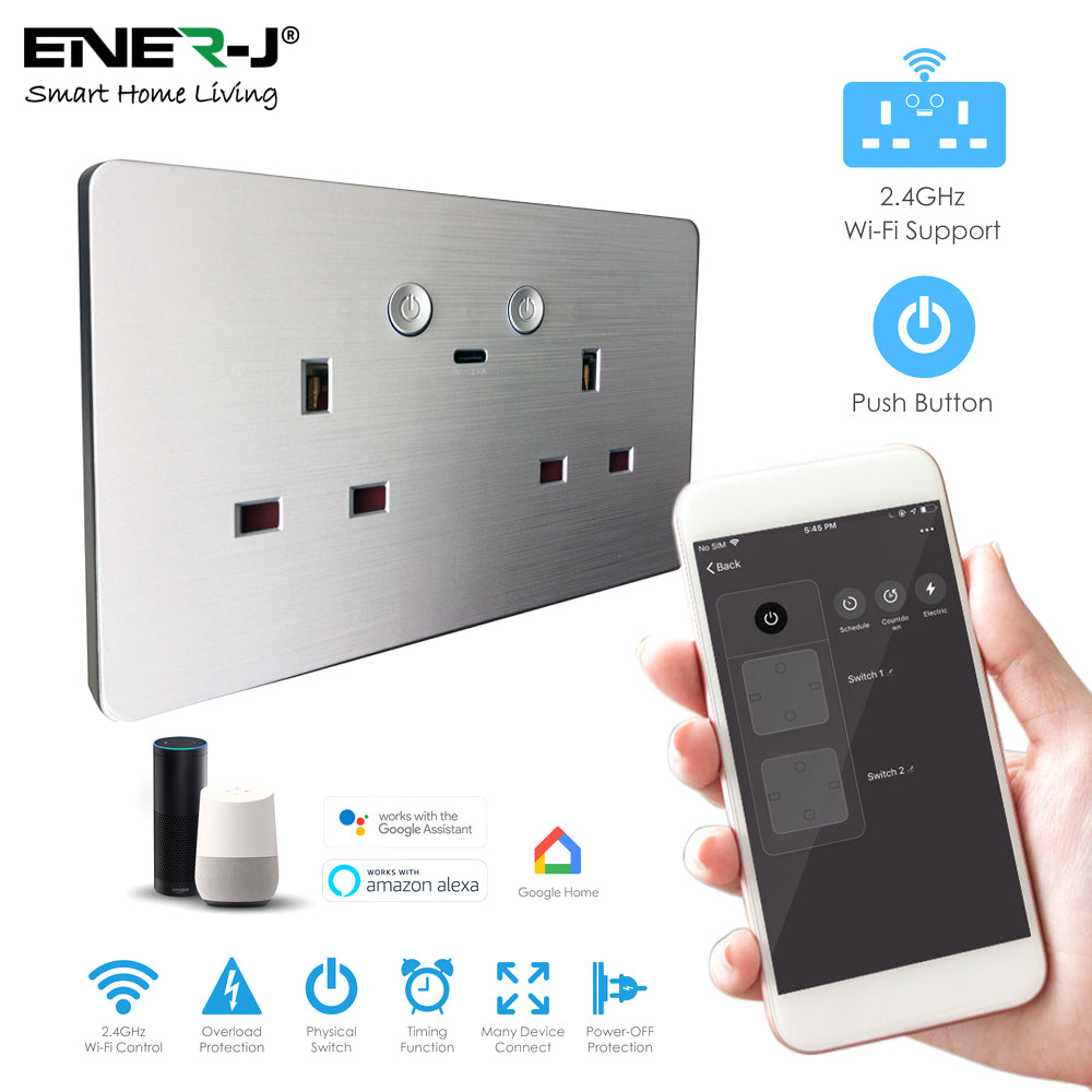 ENER-J Remote Wall Socket – Smart USB Plug with Type-C, WiFi Double 13A Outlet, App & Voice Control, Silver Brushed UK Design