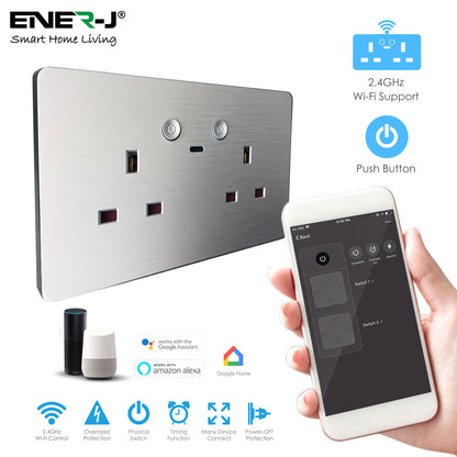 ENER-J Remote Wall Socket – Smart USB Plug with Type-C, WiFi Double 13A Outlet, App & Voice Control, Silver Brushed UK Design