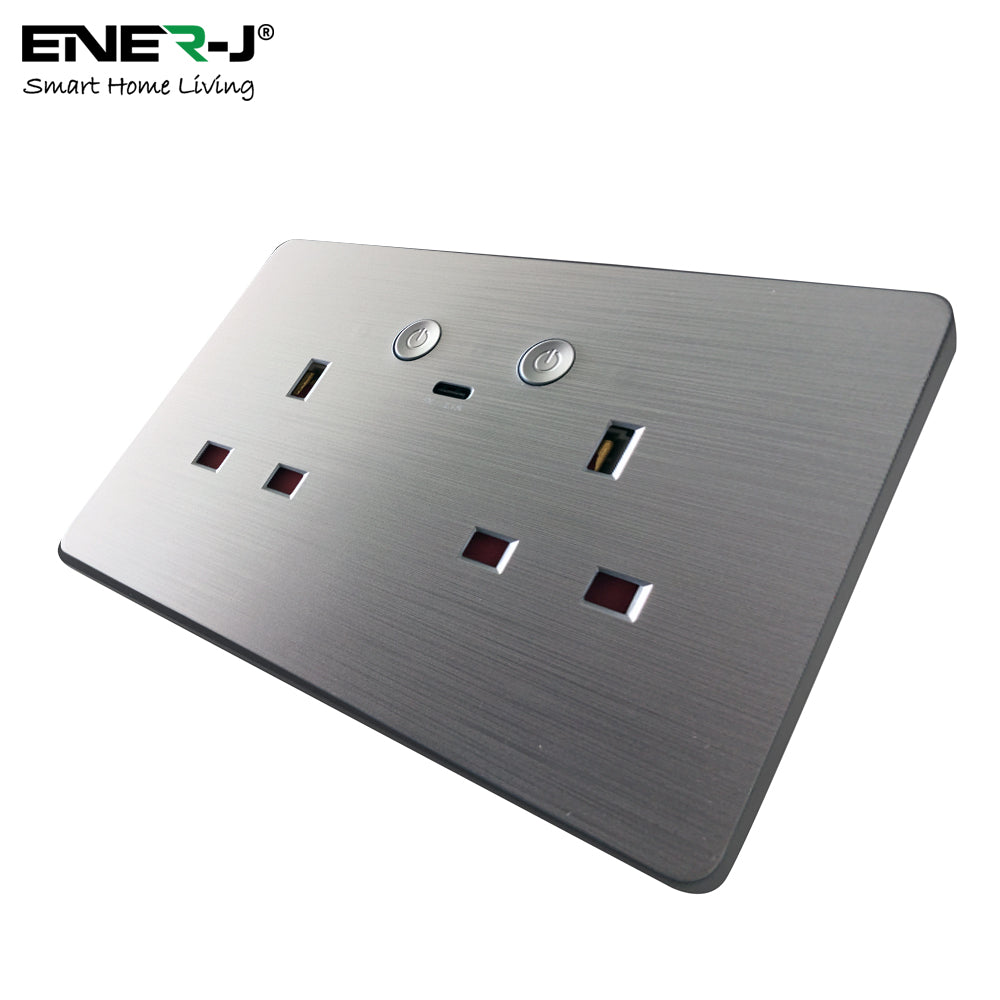 ENER-J Remote Wall Socket – Smart USB Plug with Type-C, WiFi Double 13A Outlet, App & Voice Control, Silver Brushed UK Design