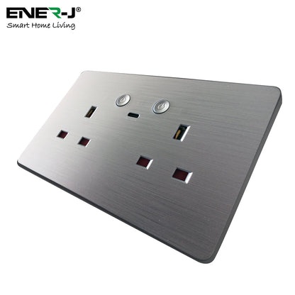 ENER-J Remote Wall Socket – Smart USB Plug with Type-C, WiFi Double 13A Outlet, App & Voice Control, Silver Brushed UK Design