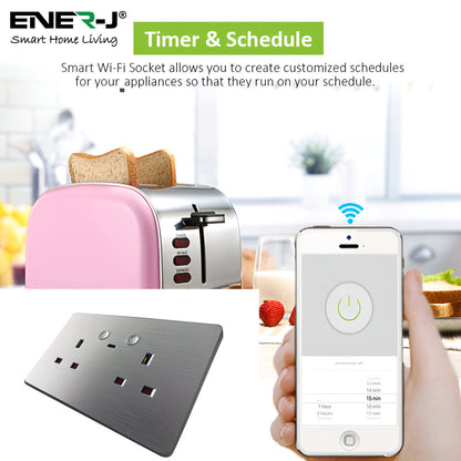 ENER-J Remote Wall Socket – Smart USB Plug with Type-C, WiFi Double 13A Outlet, App & Voice Control, Silver Brushed UK Design