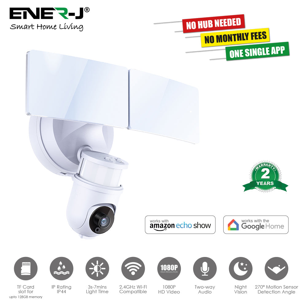 ENER-J Smart WiFi Floodlight Security Camera 1080P – Motion-Activated LED Floodlights, Siren, Two-Way Audio, Colour Night Vision, 125° Wide-Angle – Outdoor Hardwired CCTV System - Black