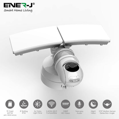 ENER-J Smart WiFi Floodlight Security Camera 1080P – Motion-Activated LED Floodlights, Siren, Two-Way Audio, Colour Night Vision, 125° Wide-Angle – Outdoor Hardwired CCTV System - White