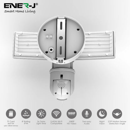 ENER-J Smart WiFi Floodlight Security Camera 1080P – Motion-Activated LED Floodlights, Siren, Two-Way Audio, Colour Night Vision, 125° Wide-Angle – Outdoor Hardwired CCTV System - White