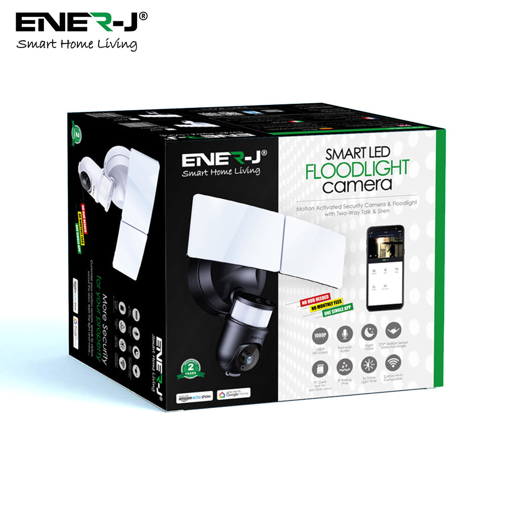 ENER-J Smart WiFi Floodlight Security Camera 1080P – Motion-Activated LED Floodlights, Siren, Two-Way Audio, Colour Night Vision, 125° Wide-Angle – Outdoor Hardwired CCTV System - Black