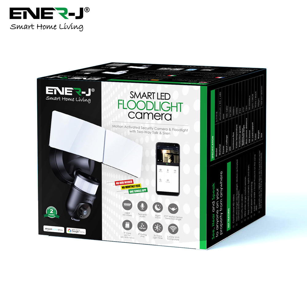 ENER-J Smart WiFi Floodlight Security Camera 1080P – Motion-Activated LED Floodlights, Siren, Two-Way Audio, Colour Night Vision, 125° Wide-Angle – Outdoor Hardwired CCTV System - Black