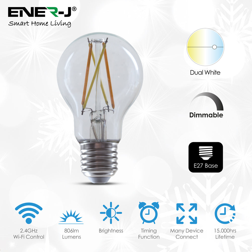 ENERJ Smart WiFi Filament Bulbs 6.5W E27 LED, CCT Colour Changing, Dimmable, App & Voice Control | Single pack