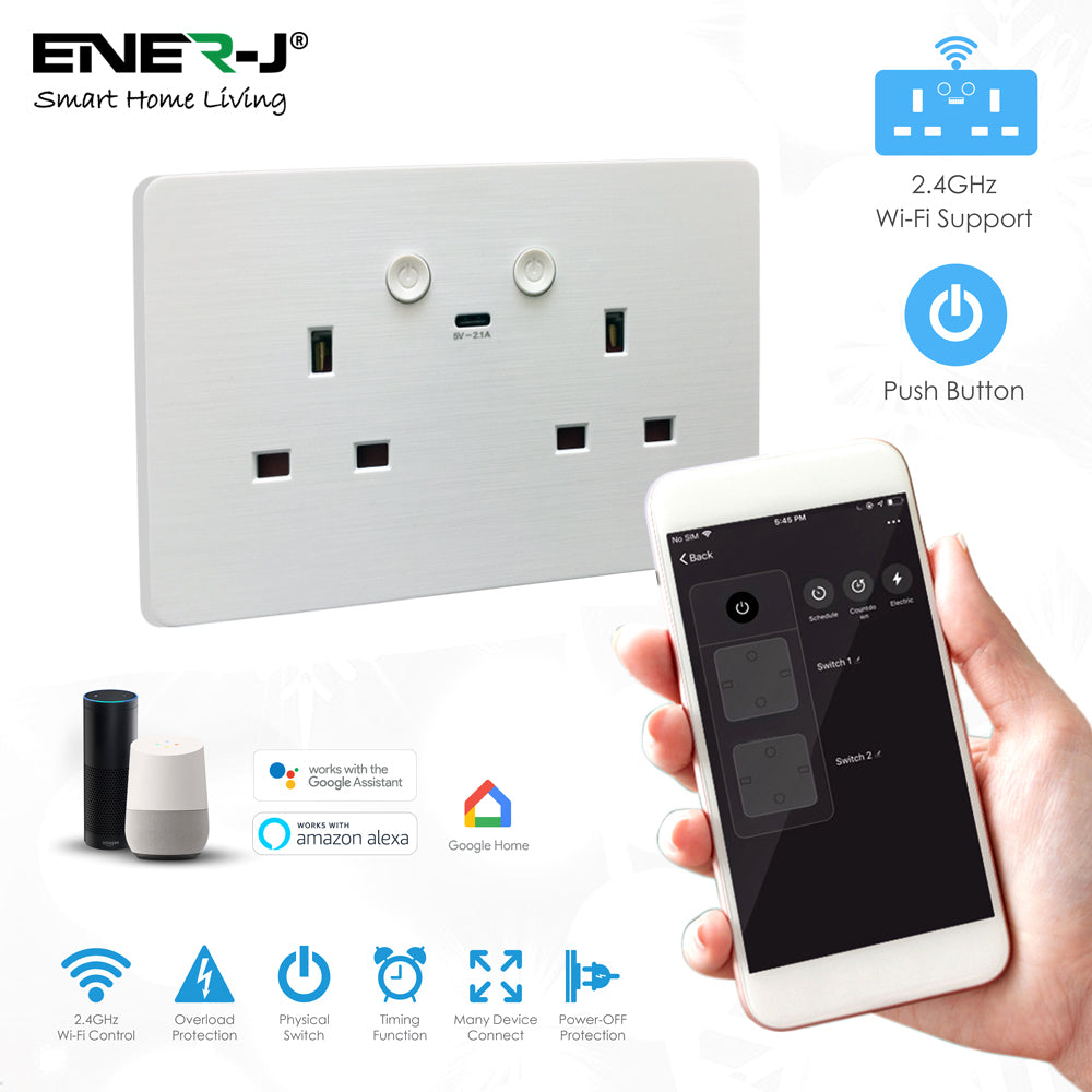 ENER-J Smart Wall Socket – WiFi Double Power Socket with USB & Type-C, Alexa & Google Compatible, 13A UK White
