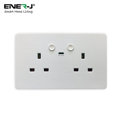 ENER-J Smart Wall Socket – WiFi Double Power Socket with USB & Type-C, Alexa & Google Compatible, 13A UK White