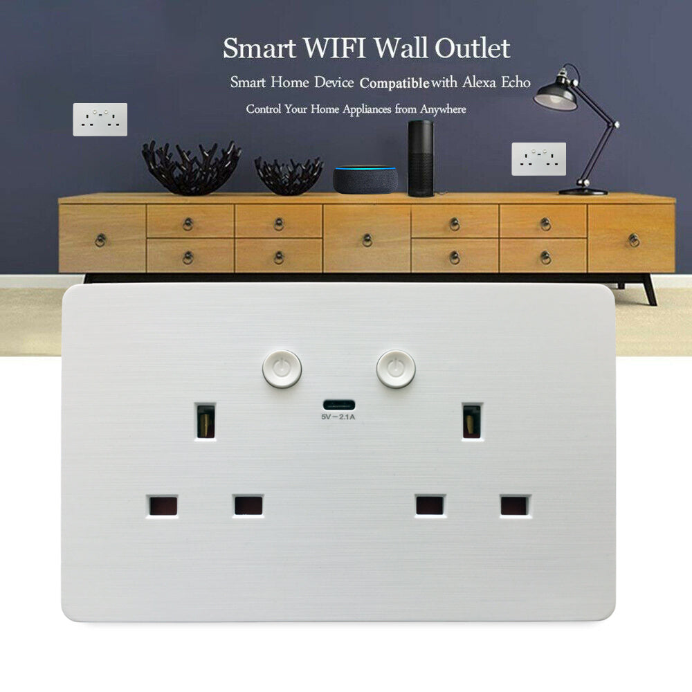ENER-J Smart Wall Socket – WiFi Double Power Socket with USB & Type-C, Alexa & Google Compatible, 13A UK White