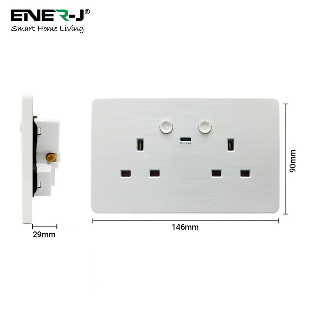 ENER-J Smart Wall Socket – WiFi Double Power Socket with USB & Type-C, Alexa & Google Compatible, 13A UK White