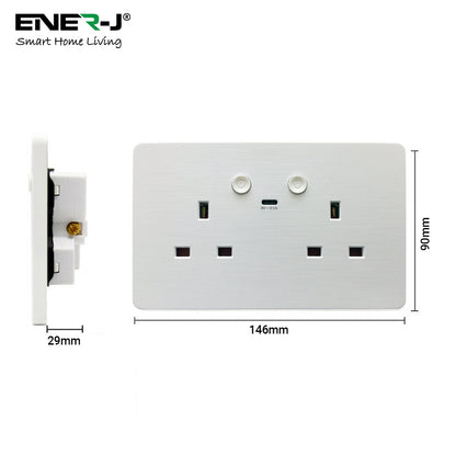 ENER-J Smart Wall Socket – WiFi Double Power Socket with USB & Type-C, Alexa & Google Compatible, 13A UK White