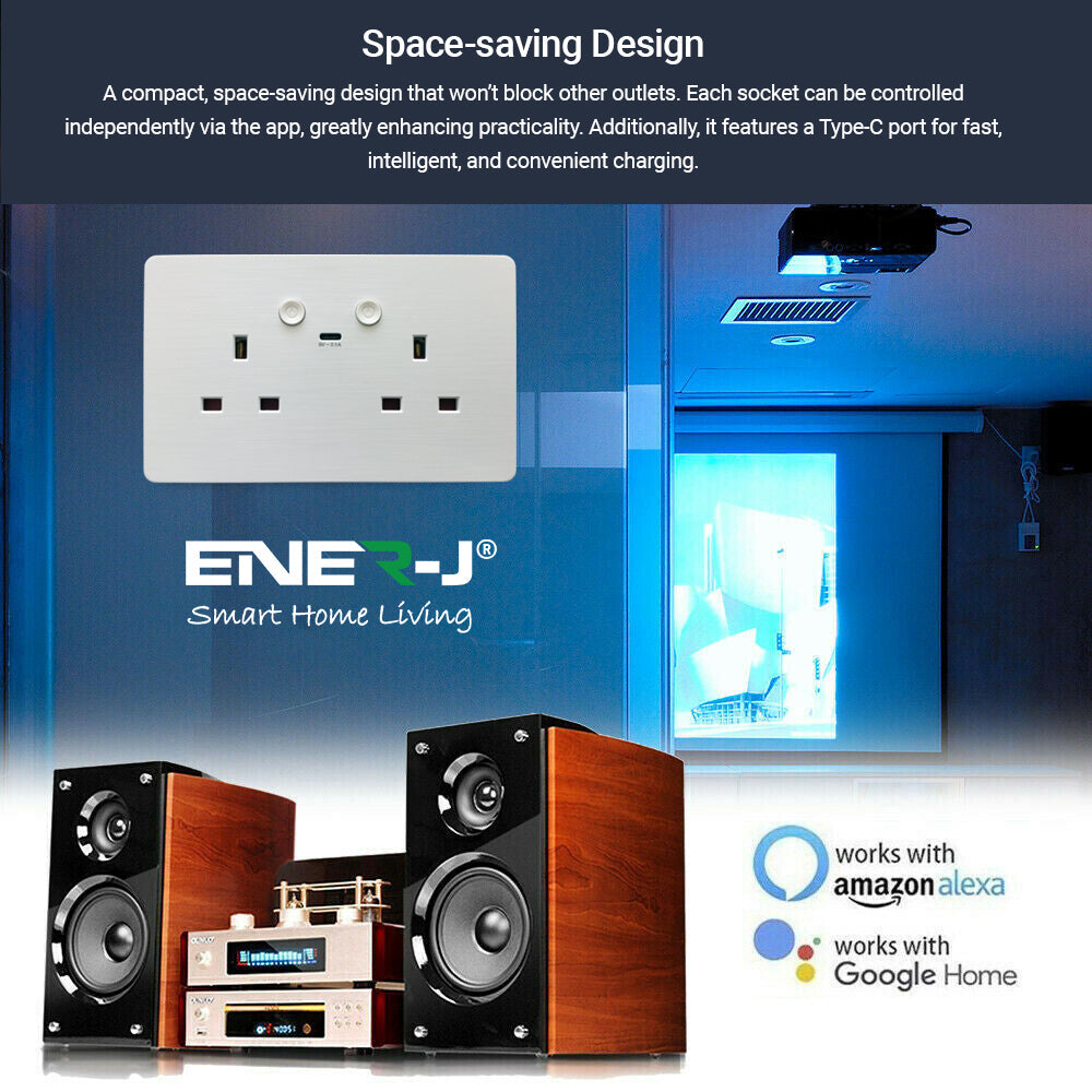 ENER-J Smart Wall Socket – WiFi Double Power Socket with USB & Type-C, Alexa & Google Compatible, 13A UK White