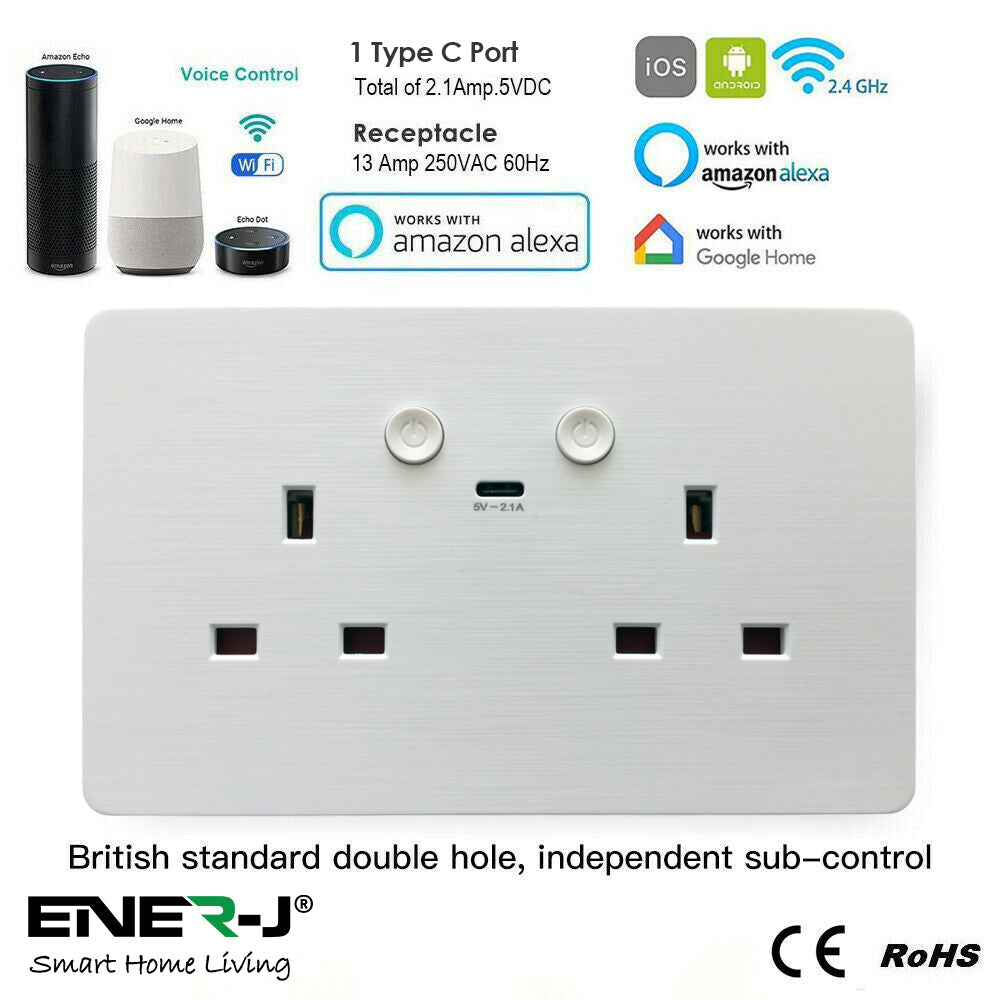 ENER-J Smart Wall Socket – WiFi Double Power Socket with USB & Type-C, Alexa & Google Compatible, 13A UK White
